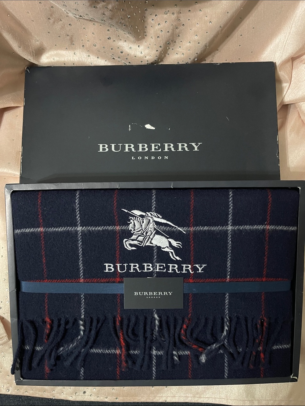 Burberry Navy Plaid Wool Scarf with Red and Gray Windowpane